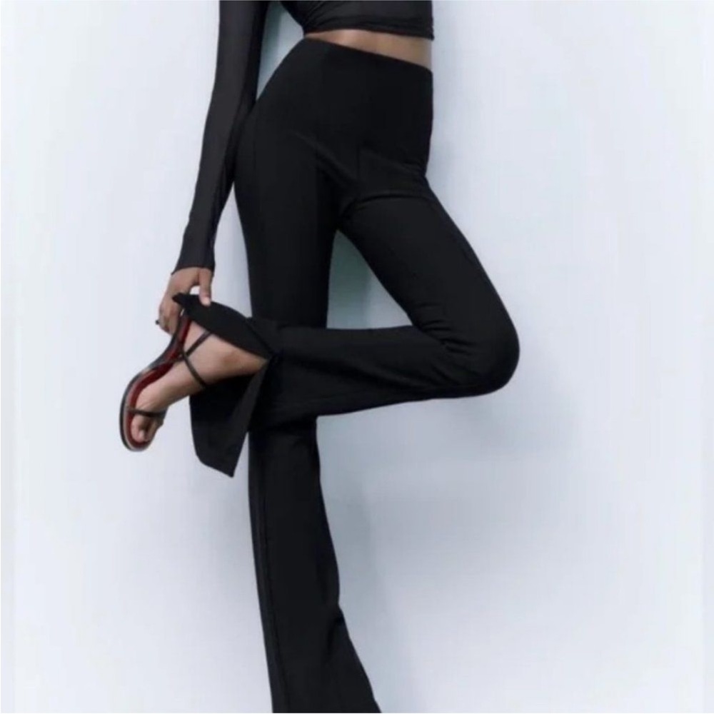 Zara Slit Black Ribbed Flare Legging Pant
